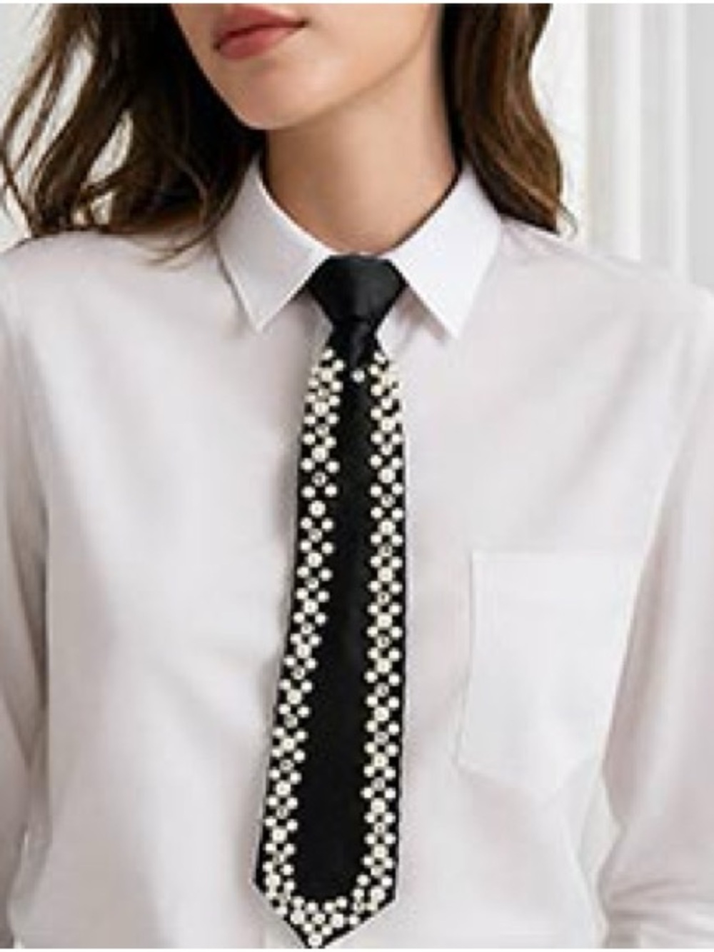 Black Pearl-Embellished Skinny Tie